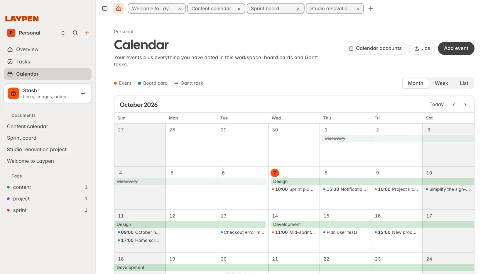 The Calendar view showing a month with tasks and dates from several documents