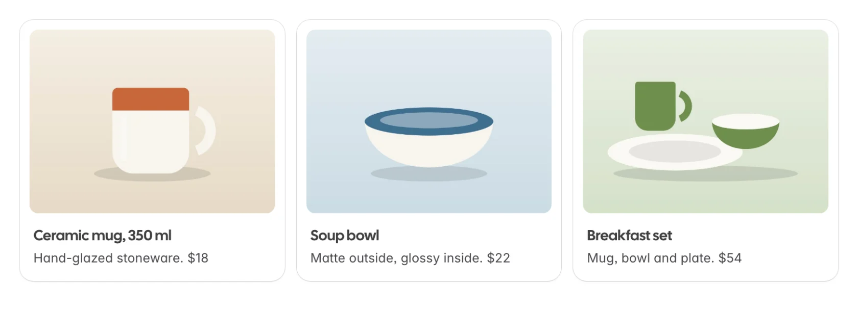 Three product cards with images, titles and prices