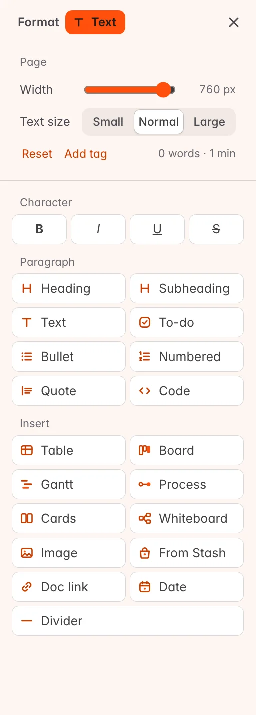 The format panel with the Insert list: table, board, Gantt, process, cards, whiteboard, image, from Stash, doc link, date, divider
