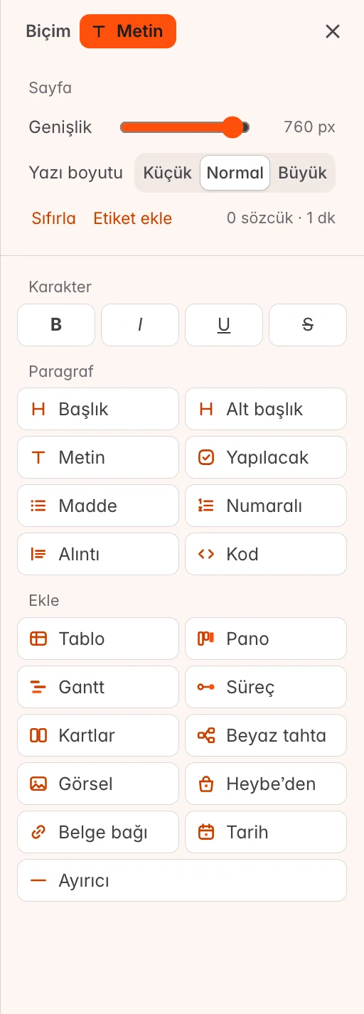 Ekle listesiyle biçim paneli: tablo, pano, Gantt, süreç, kartlar, beyaz tahta, görsel, Heybe’den, belge bağı, tarih, ayırıcı