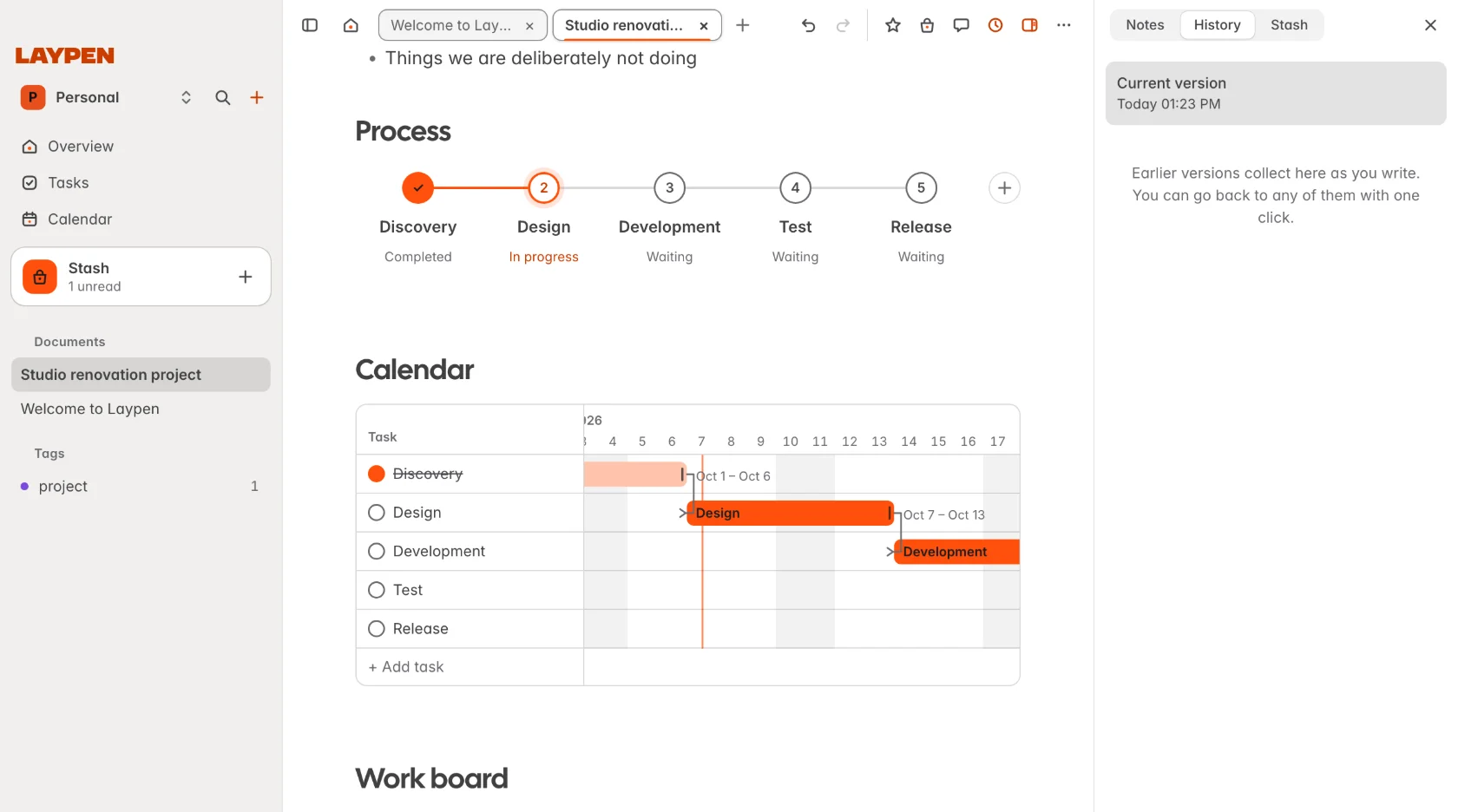 A document with the version history panel open on the right