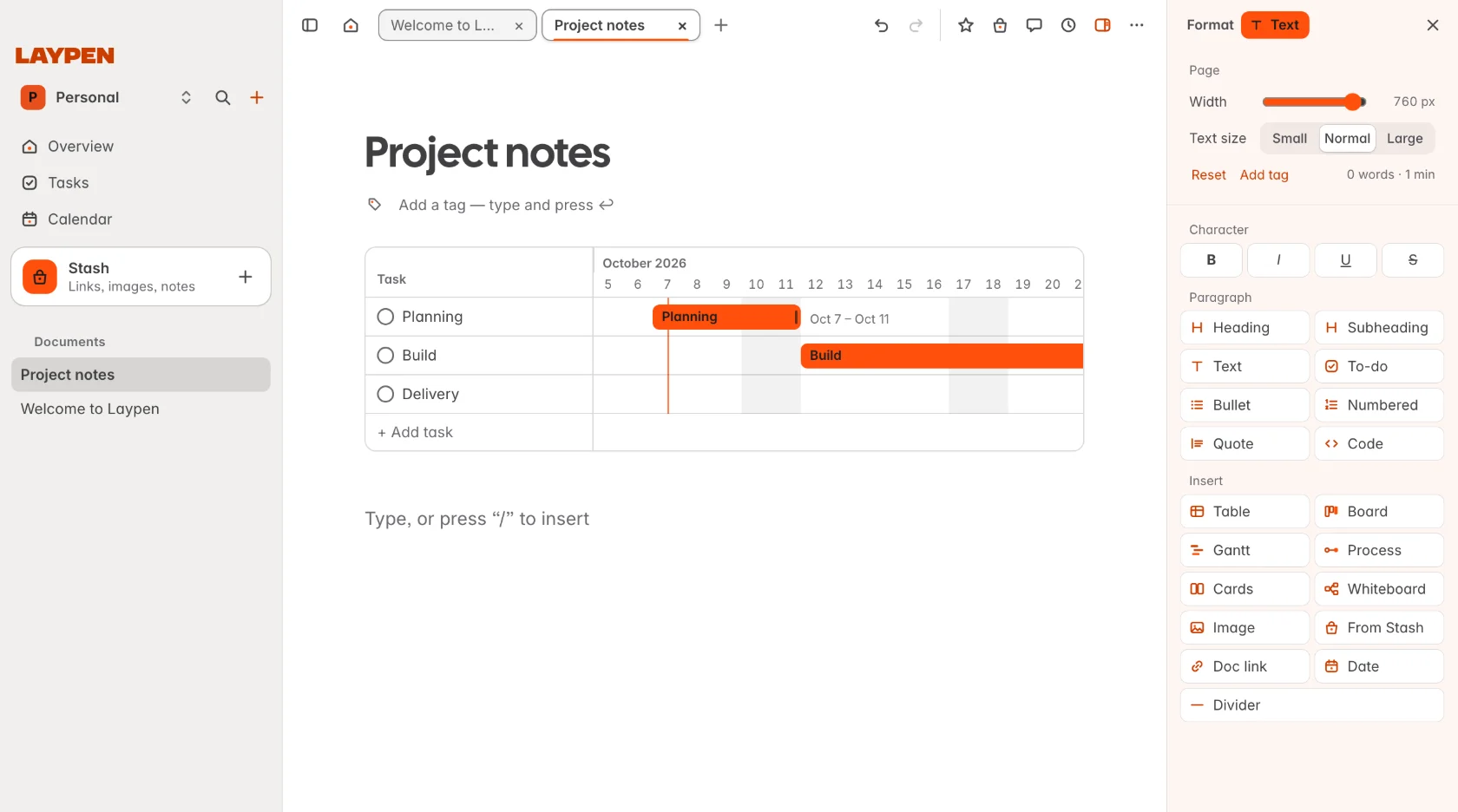 A page with an empty line and the format panel listing text styles and components