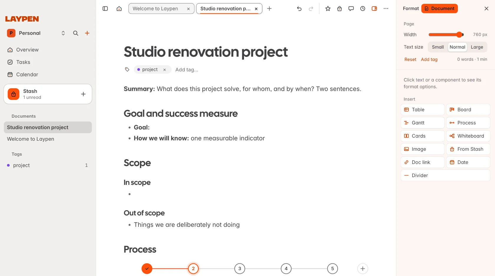 The Laypen window with the sidebar, a project plan and the format panel