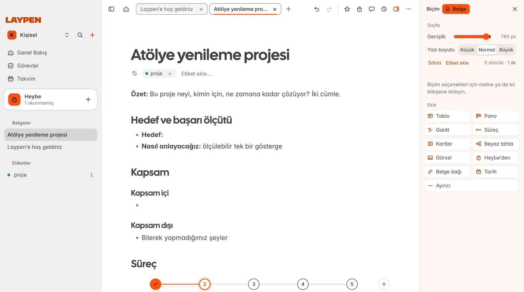 Kenar çubuğu, bir proje planı ve biçim paneliyle Laypen penceresi