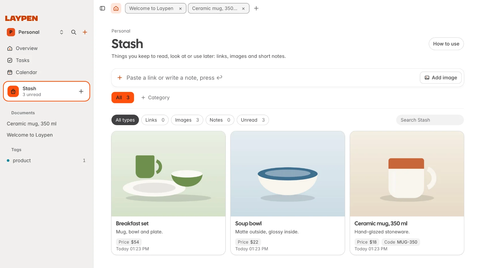 Stash with image cards, categories on the left and a field for adding links and notes