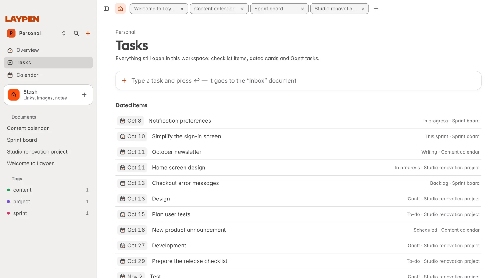 The Tasks view listing open to-dos grouped by document