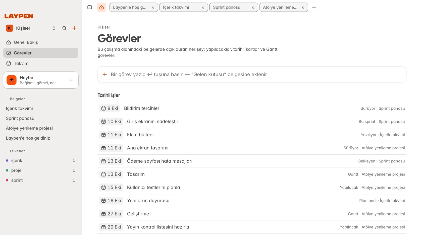 Açık yapılacakları belgelere göre gruplayan Görevler görünümü