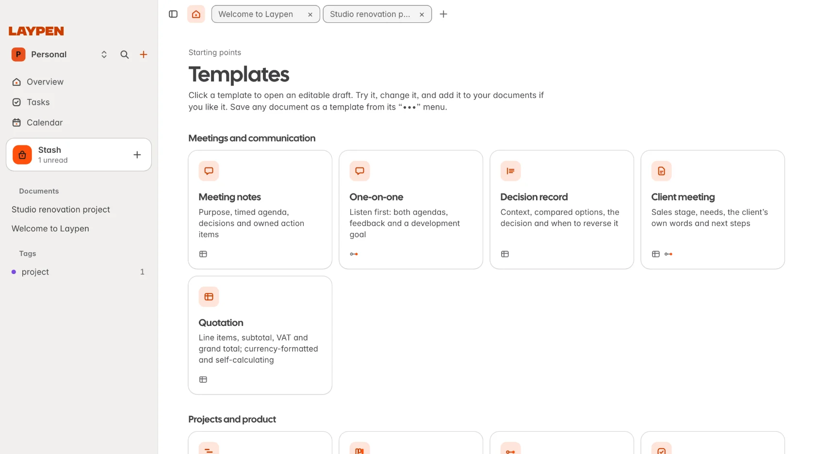 The template gallery grouped by category