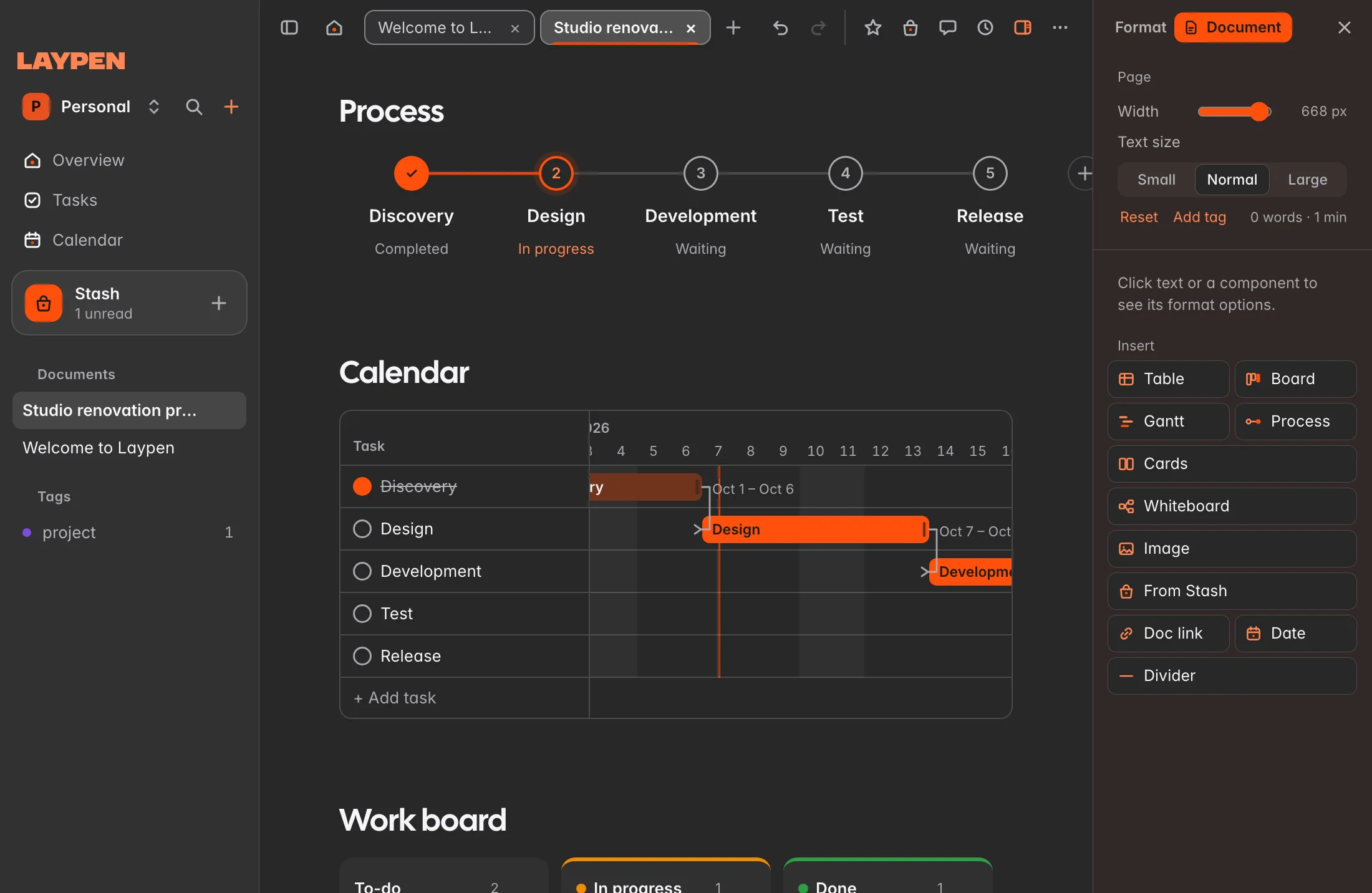 A Laypen document with a process, a timeline and a board on one page