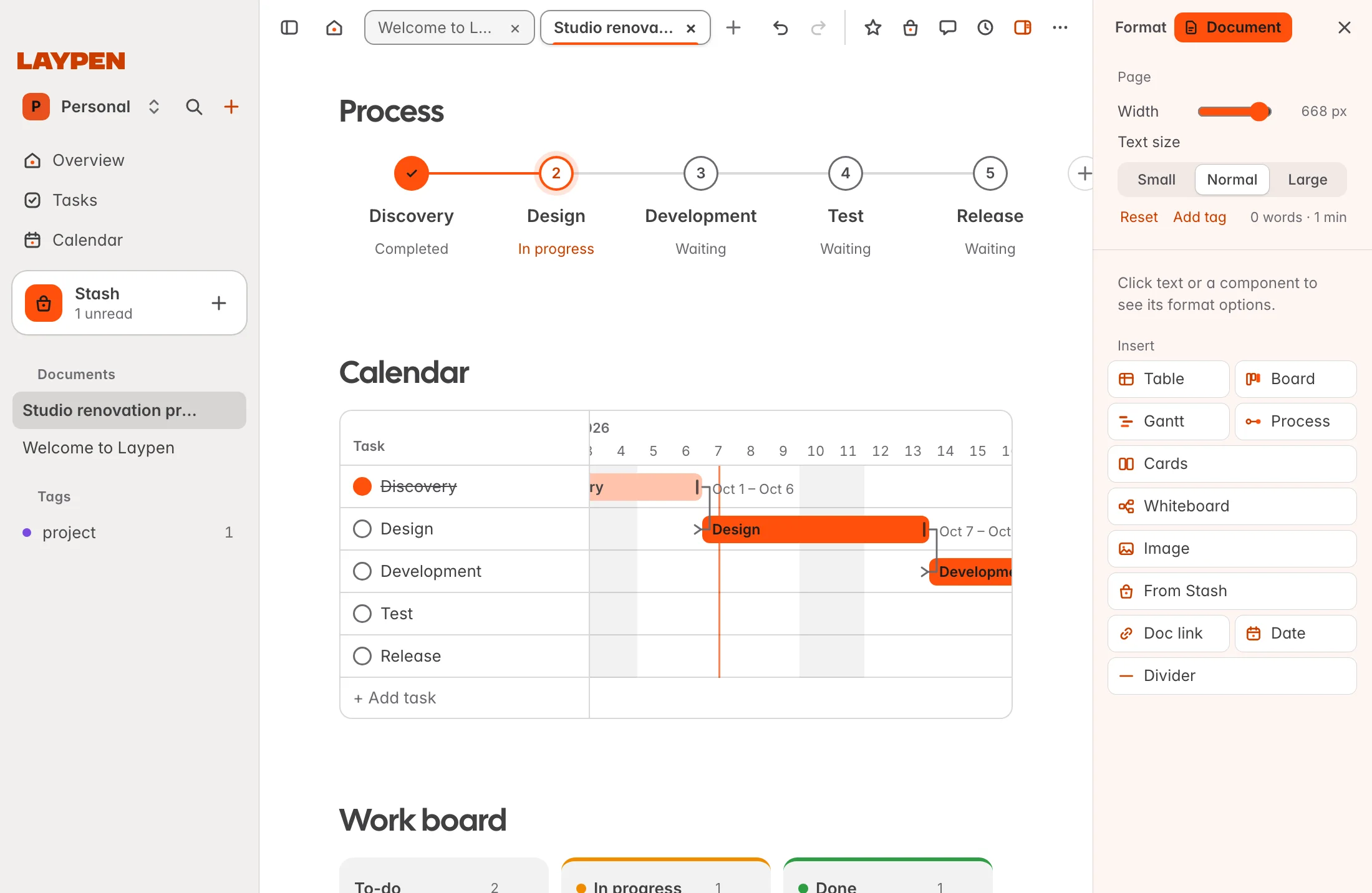 A Laypen document with a process, a timeline and a board on one page